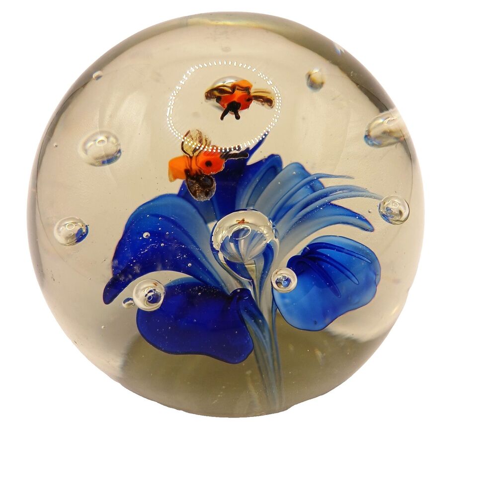 Vtg Silvestri Art Glass Paperweight Lady Bugs Blue Flower Controlled Bubbles 3x3